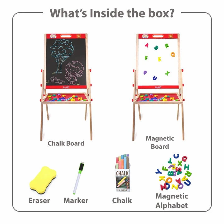 Wooden Double-Sided Drawing Board – Chalkboard & Whiteboard with Storage Tray (3-8 Years)