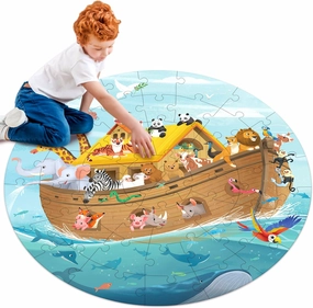 Wooden Noah's Ark Puzzle for Kids Ages 4-8, Large 48 Piece Round Floor Puzzles for Kids Ages 3-5, Christian Bible Religious Wooden Jigsaw Puzzle for 3 4 5 6 7 8 Year Old