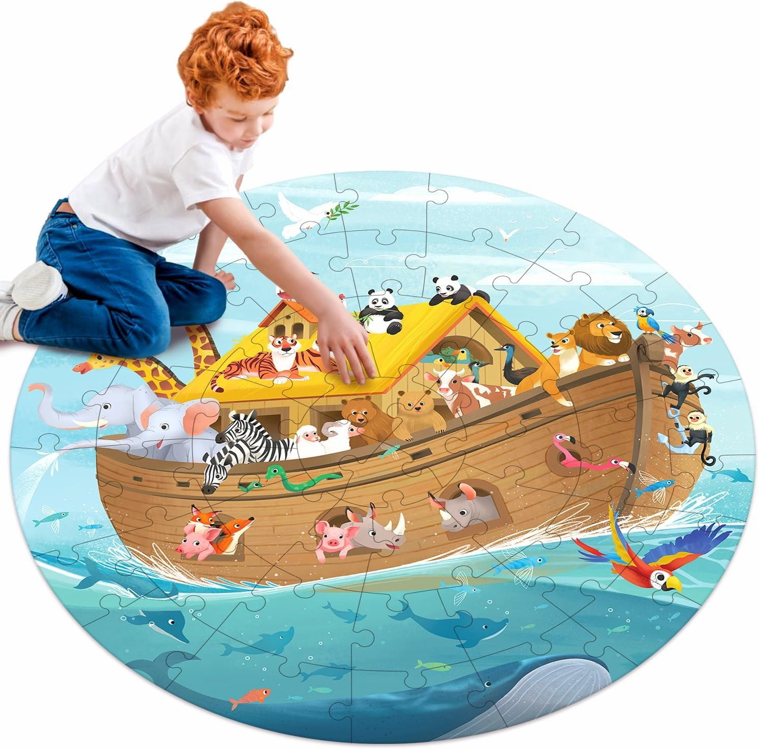 Wooden Noah's Ark Puzzle for Kids Ages 4-8, Large 48 Piece Round Floor Puzzles for Kids Ages 3-5, Christian Bible Religious Wooden Jigsaw Puzzle for 3 4 5 6 7 8 Year Old
