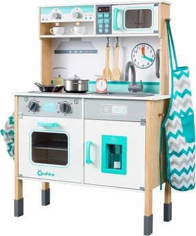 Wooden Play Kitchen Set for Toddlers, Chef Pretend Kitchen Playset for Kids with Pretend Ice Cube Dispenser, Oven, Coffee Machine, Stove, Faucet, Sink,Toy Kitchen Gift for Boys & Girls Age 3 
