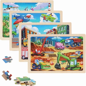 Wooden Puzzles Vehicle Toys for Kids Ages 3-5, Set of 4 Packs with 20-Piece Wood Jigsaw Puzzles, Preschool Educational Brain Teaser Boards for Boys and Girls 3 4 5 6 Years Old