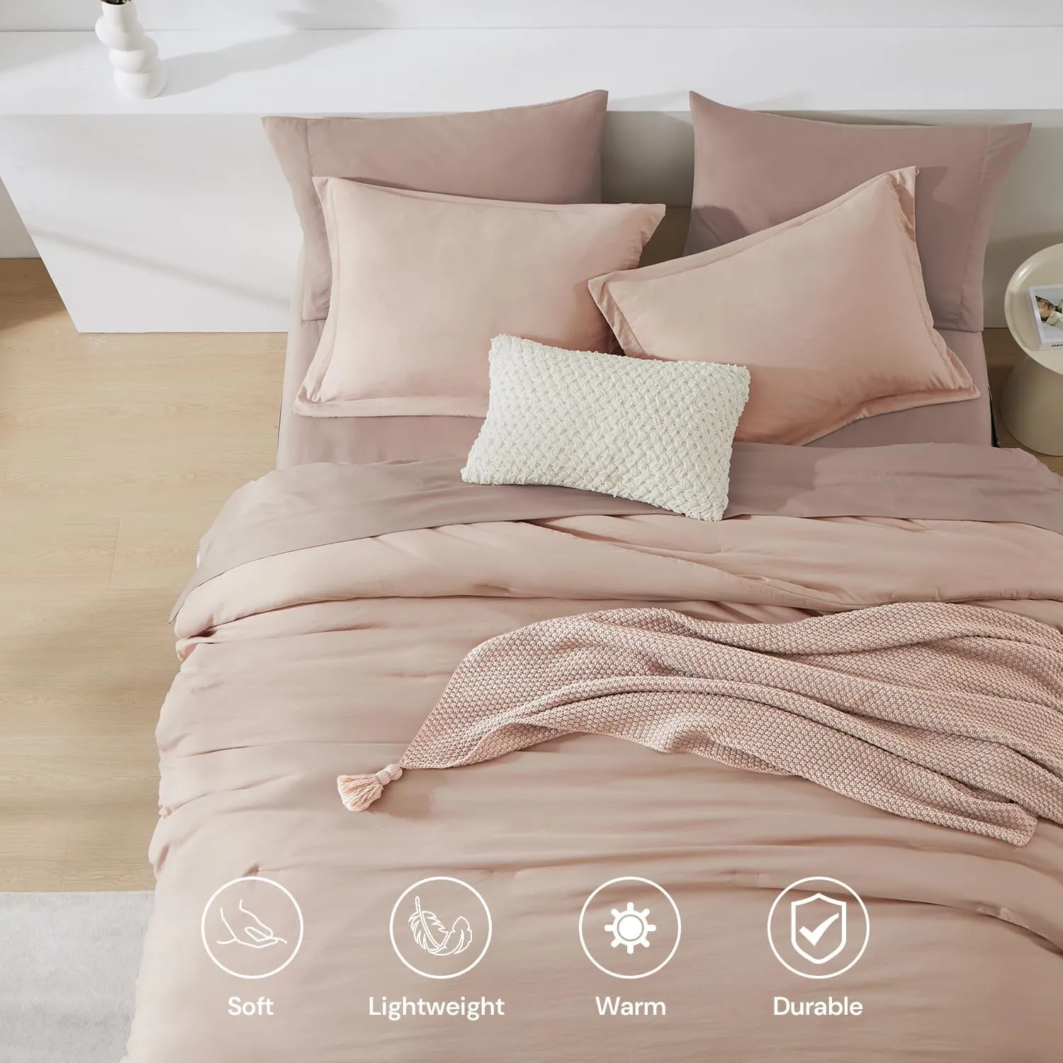 WRENSONGE Queen Comforter Set - 7 Pieces Clay Pink Soft Bed in a Bag Queen with Fitted Sheet, Flat Sheet, 2 Pillow Shams, and 2 Pillowcases- Warm Bedding Sets for All Season