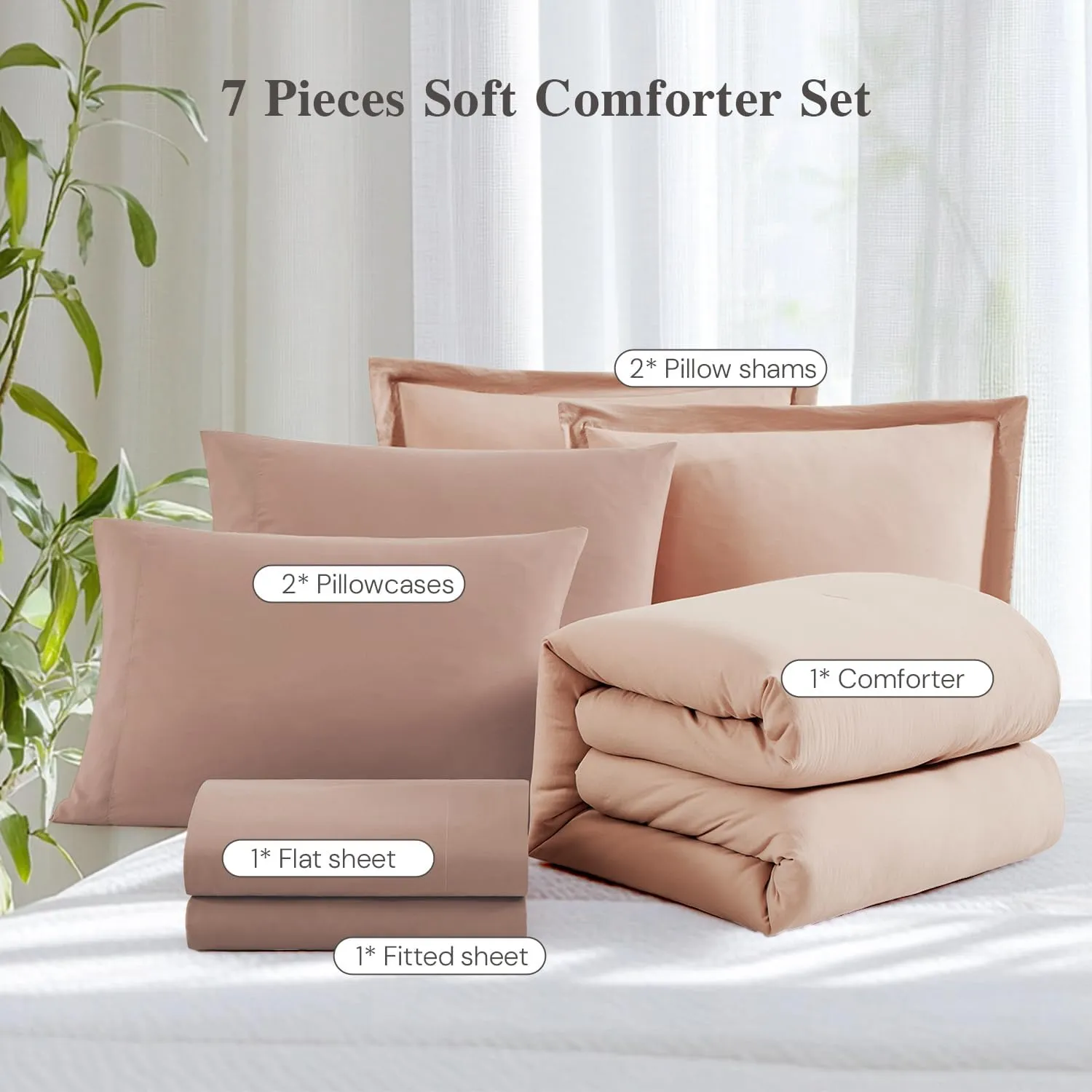 WRENSONGE Queen Comforter Set - 7 Pieces Clay Pink Soft Bed in a Bag Queen with Fitted Sheet, Flat Sheet, 2 Pillow Shams, and 2 Pillowcases- Warm Bedding Sets for All Season