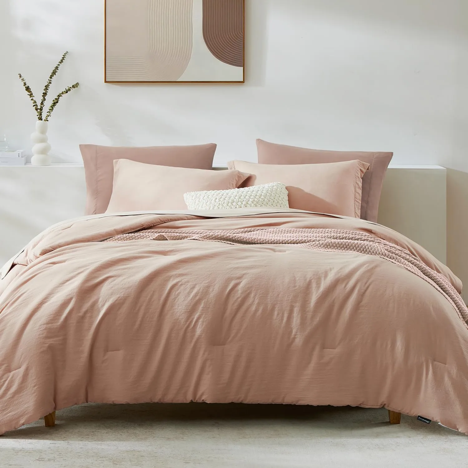 WRENSONGE Queen Comforter Set - 7 Pieces Clay Pink Soft Bed in a Bag Queen with Fitted Sheet, Flat Sheet, 2 Pillow Shams, and 2 Pillowcases- Warm Bedding Sets for All Season
