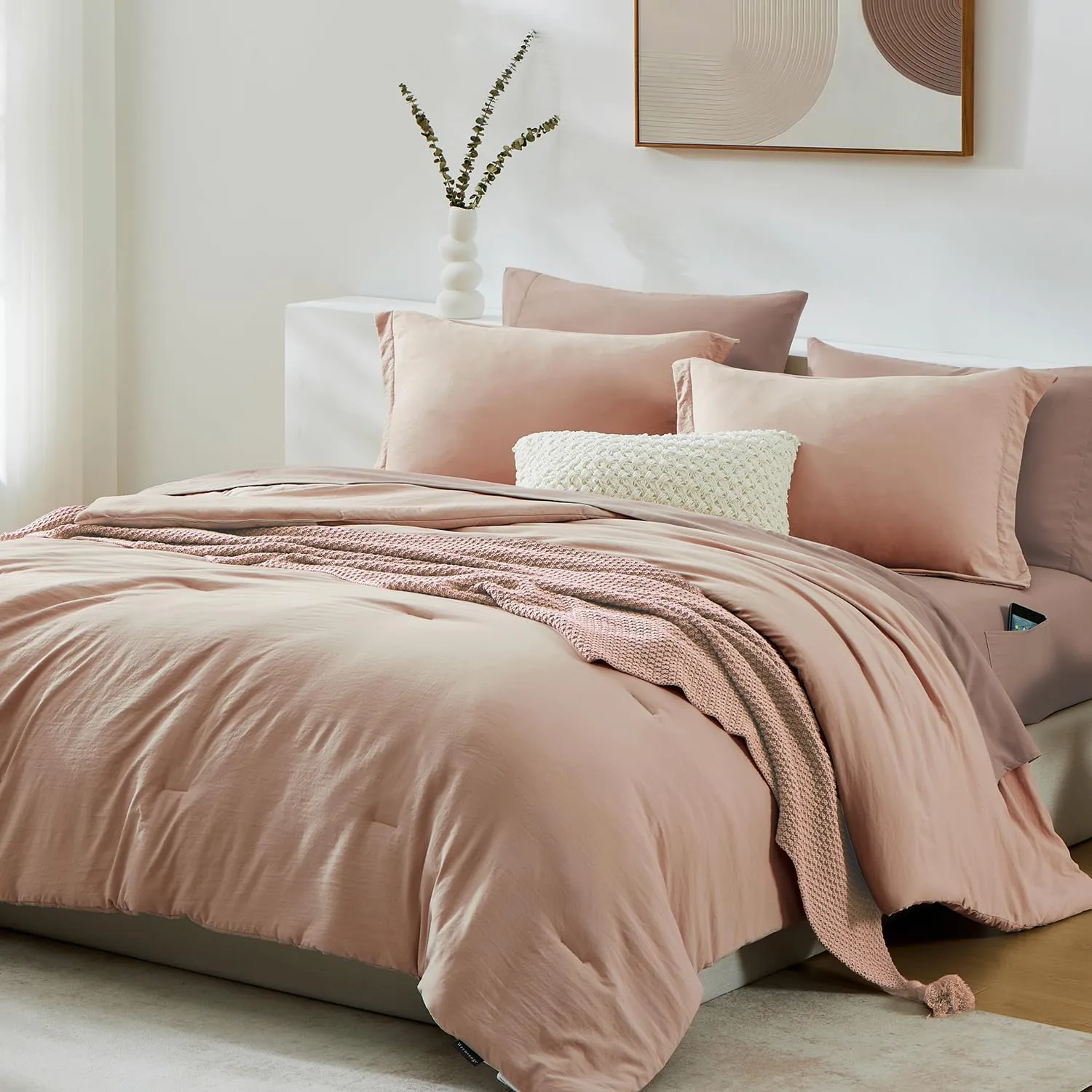 WRENSONGE Queen Comforter Set - 7 Pieces Clay Pink Soft Bed in a Bag Queen with Fitted Sheet, Flat Sheet, 2 Pillow Shams, and 2 Pillowcases- Warm Bedding Sets for All Season