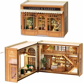 WYD DIY Miniature Fantasy Cube Series Mini Small House Kit Miniature Dollhouse Furniture Kit Puzzle Assembly Doll House with LED Lights Creative Home Decoration (Bagel Time)