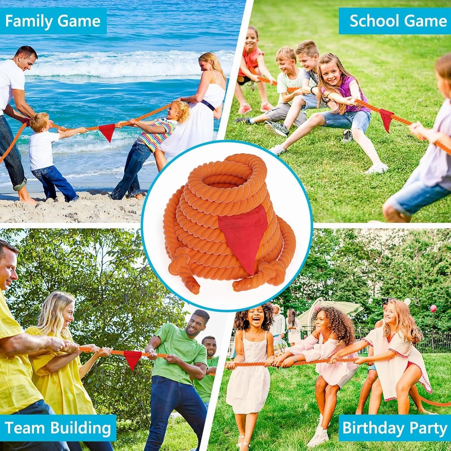 X XBEN Tug of War Rope with Flag for Kids 40FT, Teens and Adults, Soft Cotton Rope Games for Team Building Activities, Family Reunion, Birthday Party Orange