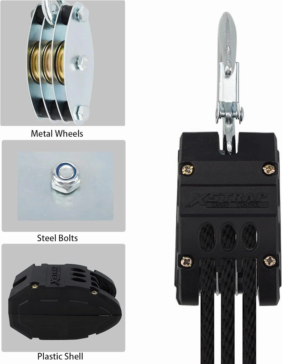 XSTRAP STANDARD 50 Feet Rope Hoist, Heavy-Duty 2000LB Wheel Block and Tackle Pulley System for Lifting Heavy Objects, for Garage Warehouse Building Automotive, Black