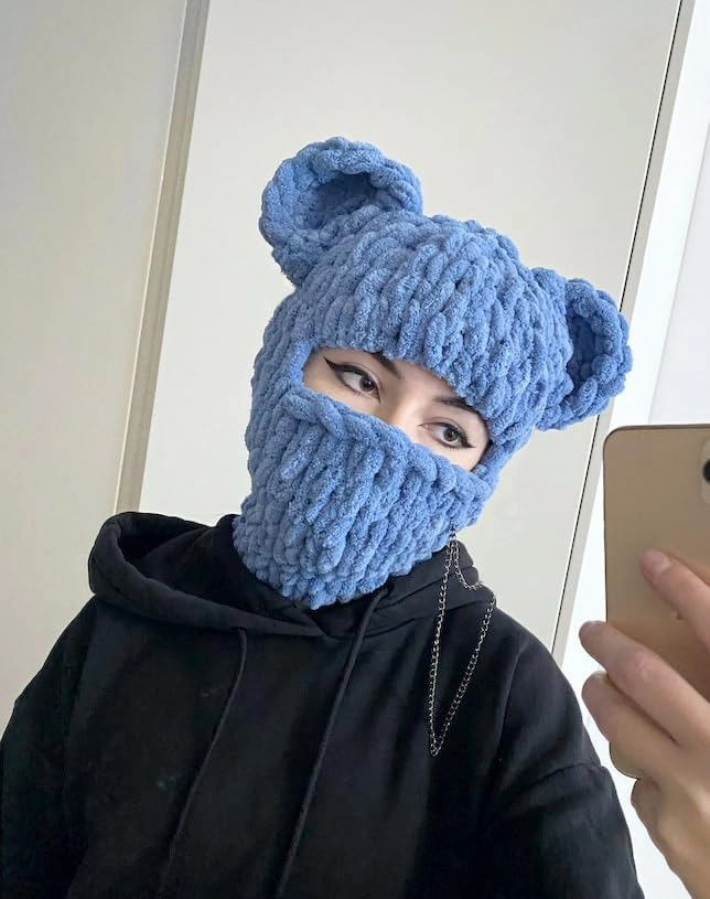 Y2k Knit Balaclava Face Mask for Women Men Bunny Ear Horn Ski Scarf Winter Warm Hat Knit Skull Beanie for Halloween
