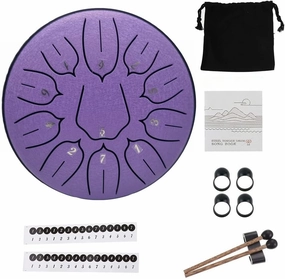 Yahpetes Steel Tongue Drum - 6 Inch, 11 Note, Purple with Mallets and Storage Bag