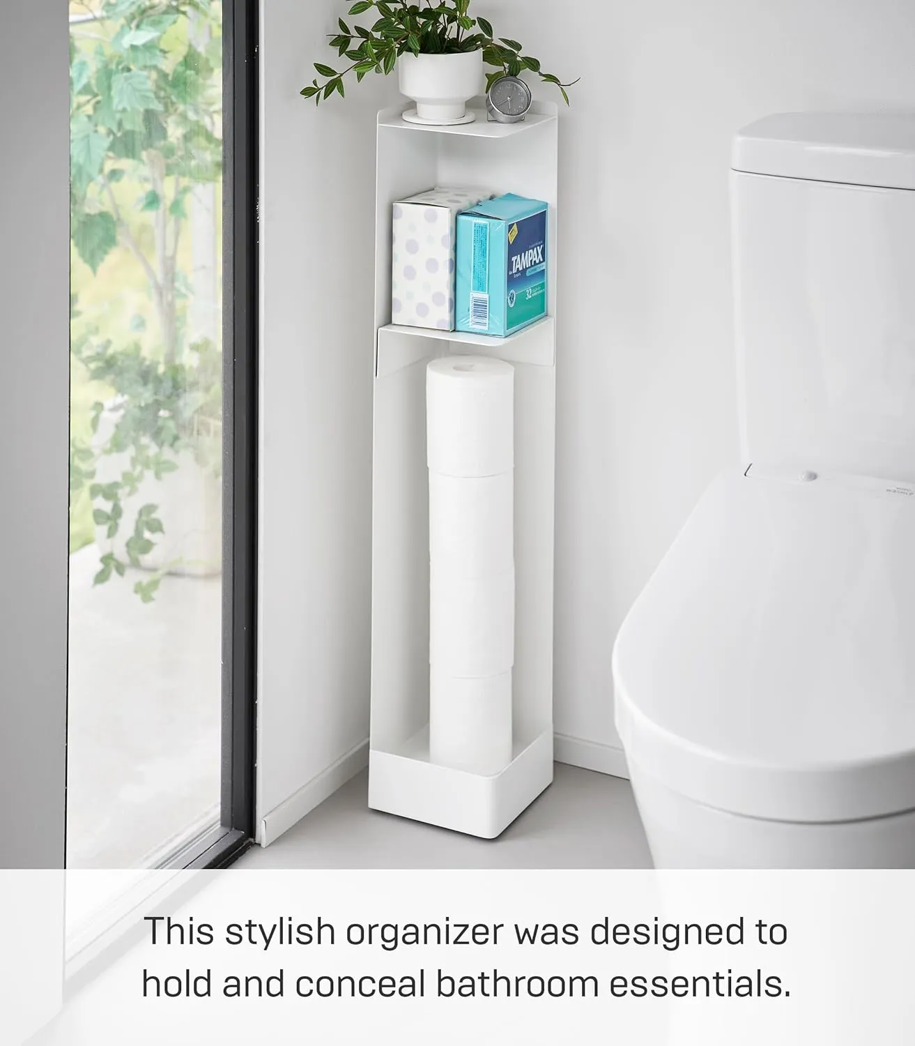 Yamazaki Home Tower Supplies Organizer-Slim Rolling Bathroom Storage, Toilet Paper Stocker with Adjustable Shelf - Steel -