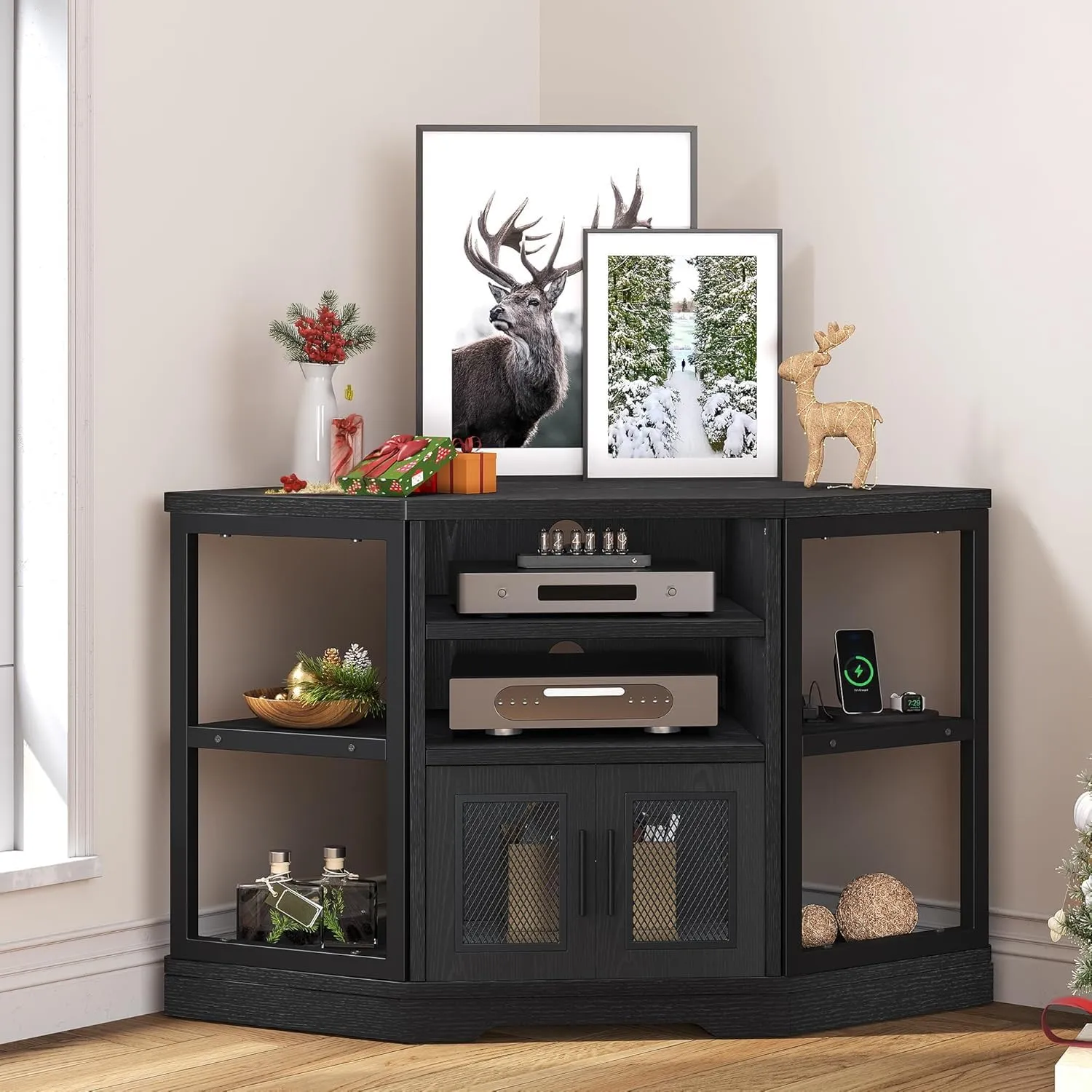 YITAHOME Corner TV Stand for TVs up to 55/50 Inch with Power Outlet, Modern Farmhouse Entertainment Center, Wood TV Media Console with Storage Cabinets Shelves for Living Room, 47" Black