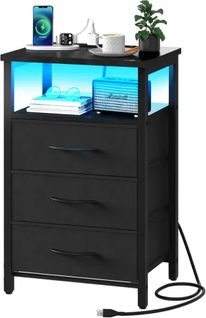 Yoobure Night Stand with Charging Station, 16 Colors LED Nightstand with USB Ports and Outlets, End Table with 3 Fabric Drawers and Storage Shelf, Bedside Tables Small Dresser for Small Space, Black
