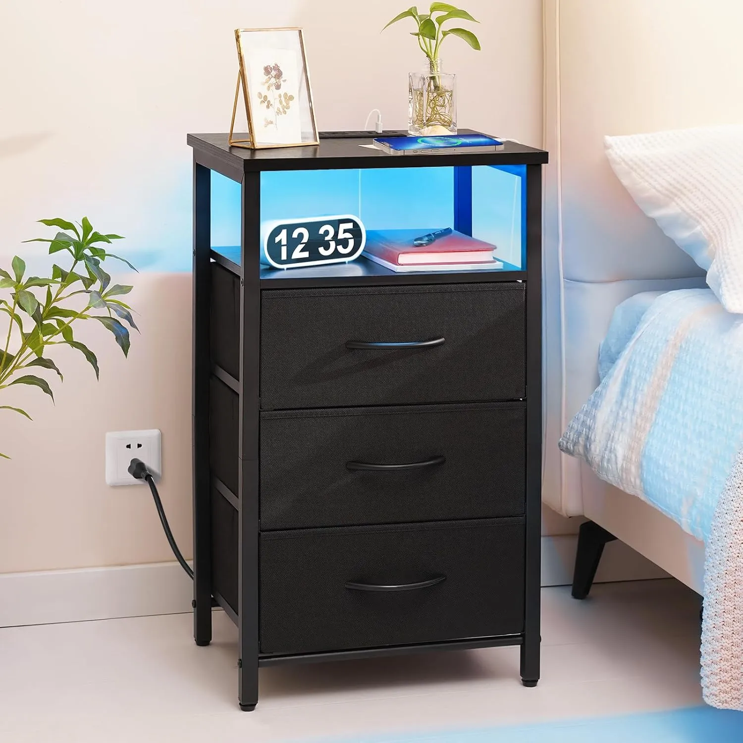 Yoobure Night Stand with Charging Station, 16 Colors LED Nightstand with USB Ports and Outlets, End Table with 3 Fabric Drawers and Storage Shelf, Bedside Tables Small Dresser for Small Space, Black