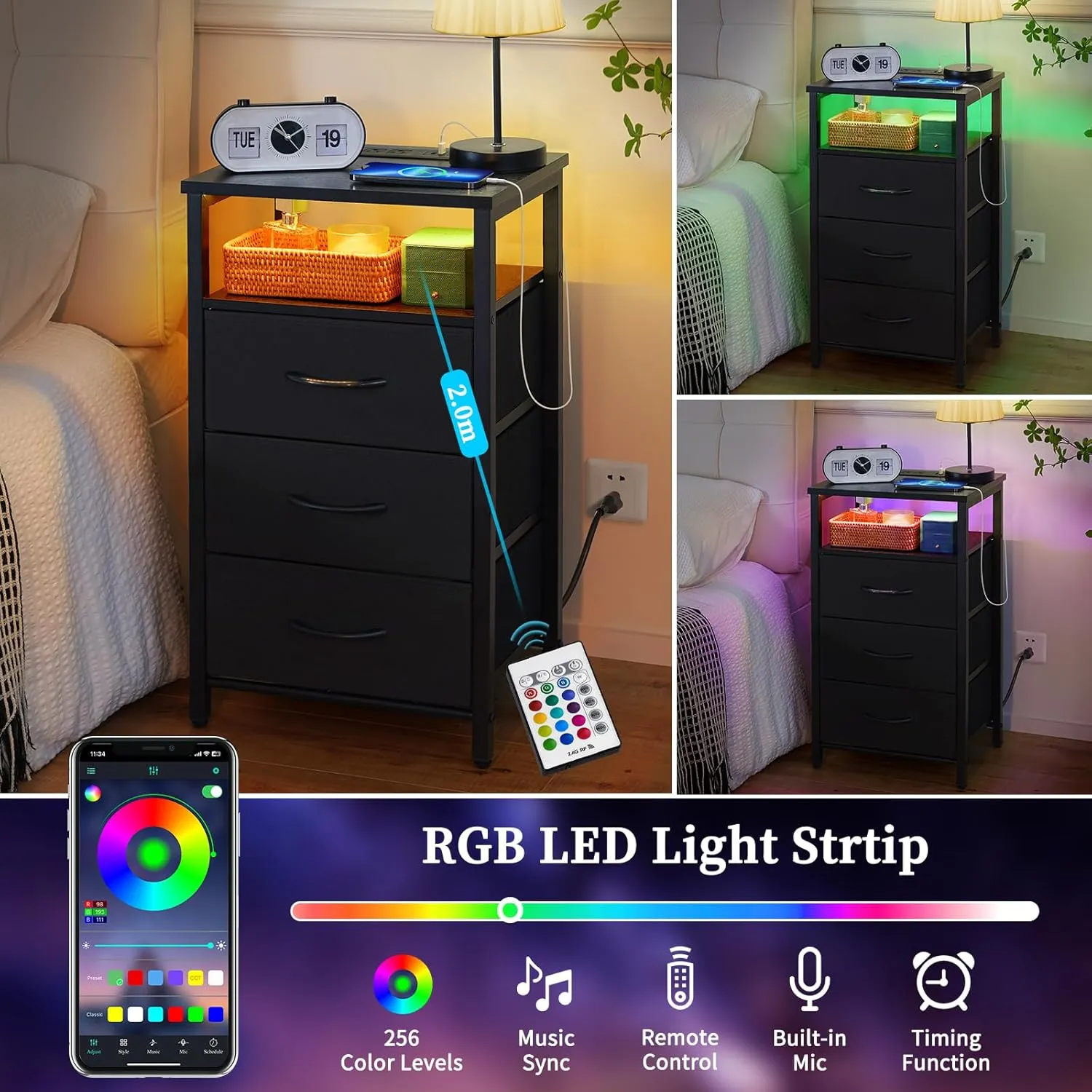 Yoobure Night Stand with Charging Station, 16 Colors LED Nightstand with USB Ports and Outlets, End Table with 3 Fabric Drawers and Storage Shelf, Bedside Tables Small Dresser for Small Space, Black