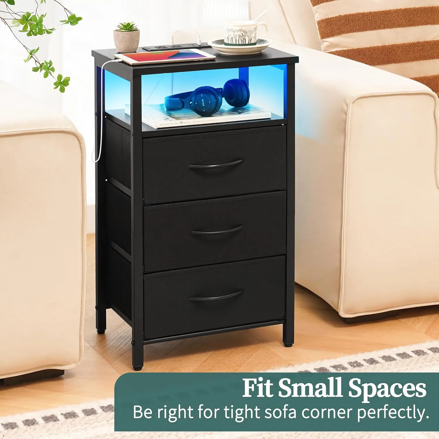 Yoobure Night Stand with Charging Station, 16 Colors LED Nightstand with USB Ports and Outlets, End Table with 3 Fabric Drawers and Storage Shelf, Bedside Tables Small Dresser for Small Space, Black
