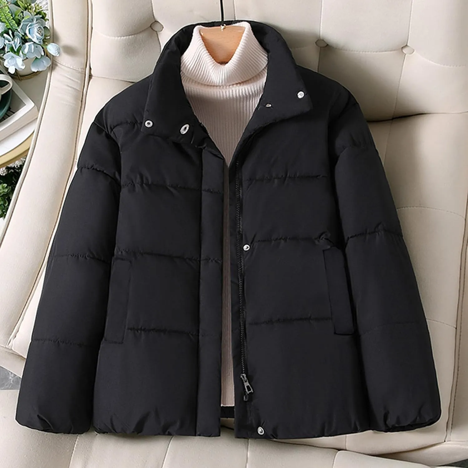 YRAETENM Womens Puffer Jacket Winter Warm Zip up Padded Coat Casual Stand Collar Quilted down Jackets Outerwear with Pockets