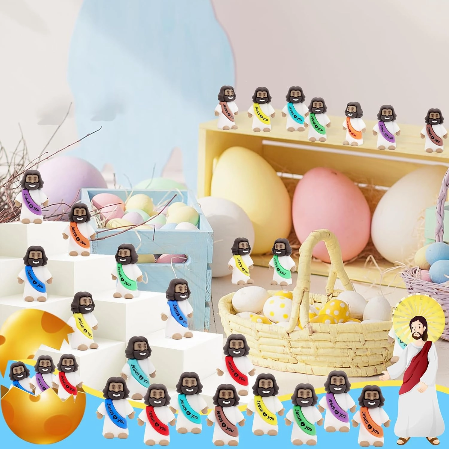 YuDanae Brown Mini Jesus Figures Rubber Jesus Figurines Toys in Bulk Religious Party Favors Sunday School Craft Baptism Gifts for Easter Egg Stuffers (Multicolor, 300pcs)