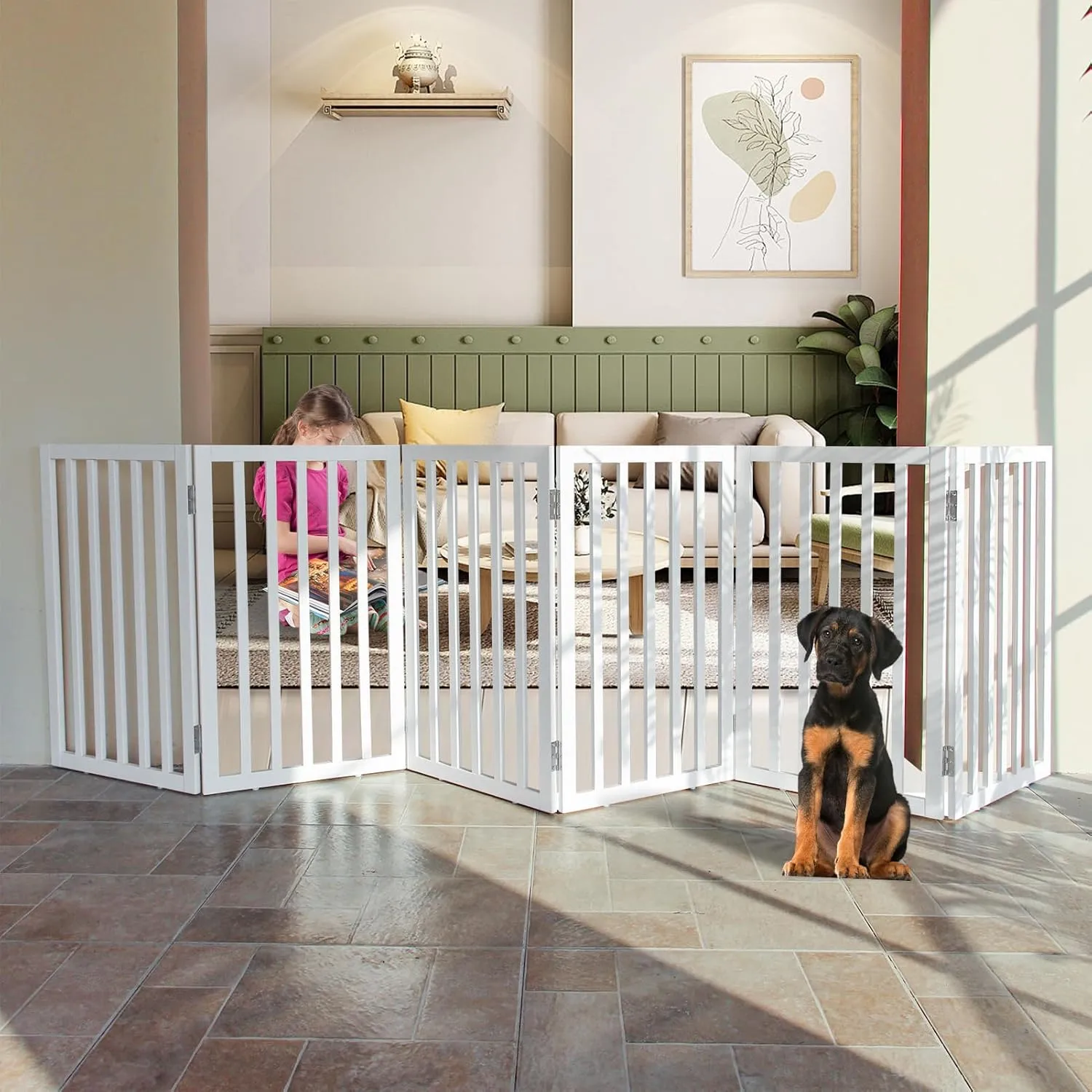 ZJSF Freestanding Indoor Dog Gate for House Foldable Wood White Puppy Gate for Doorways Pet Gate for Stairs Extra Wide Pet Fence 32" Height 6 Panels