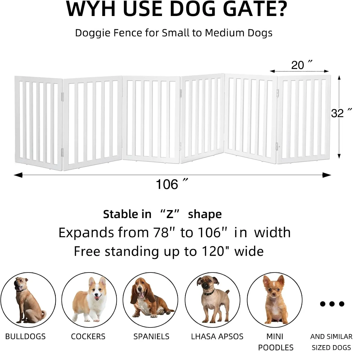 ZJSF Freestanding Indoor Dog Gate for House Foldable Wood White Puppy Gate for Doorways Pet Gate for Stairs Extra Wide Pet Fence 32" Height 6 Panels