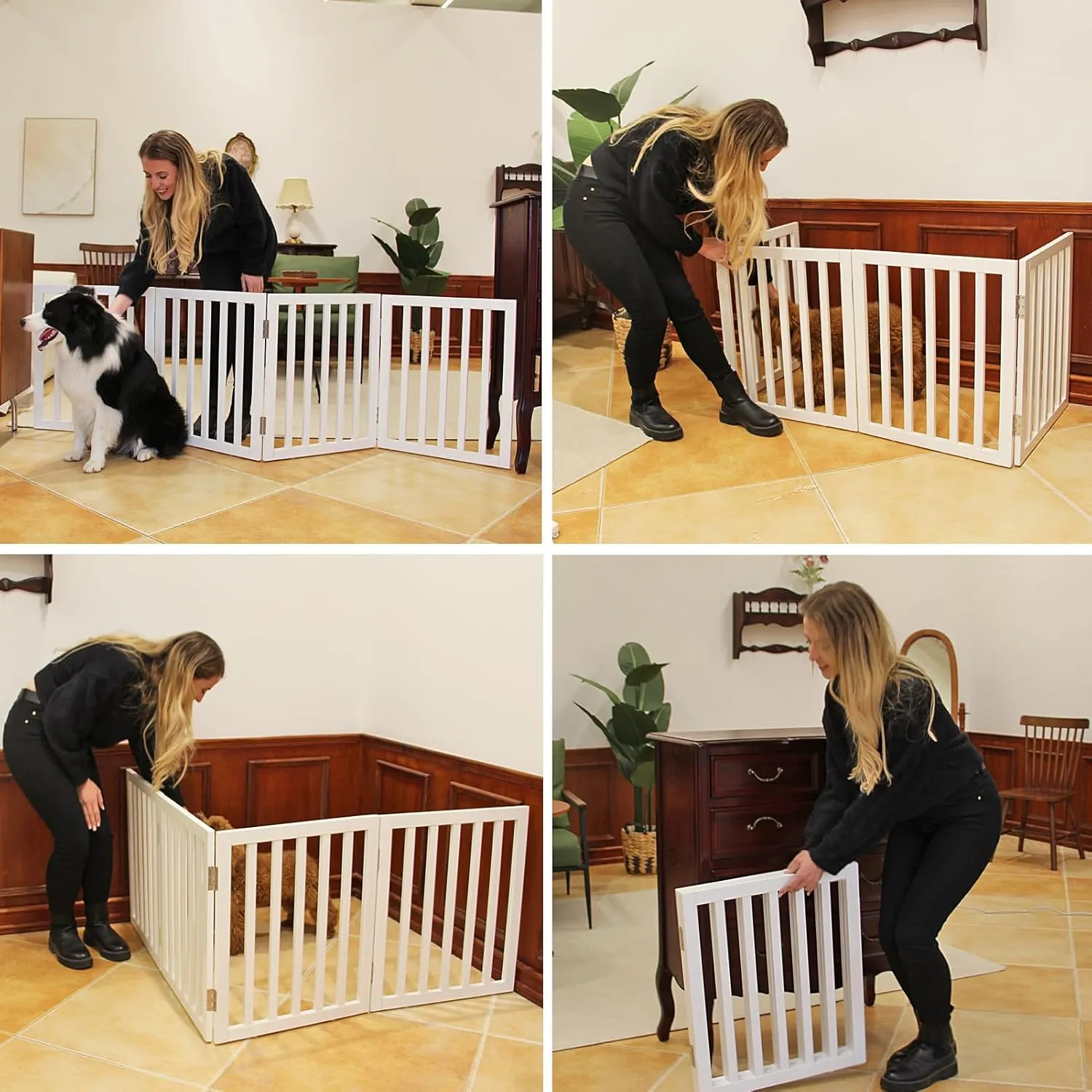 ZJSF Freestanding Indoor Dog Gate for House Foldable Wood White Puppy Gate for Doorways Pet Gate for Stairs Extra Wide Pet Fence 32" Height 6 Panels