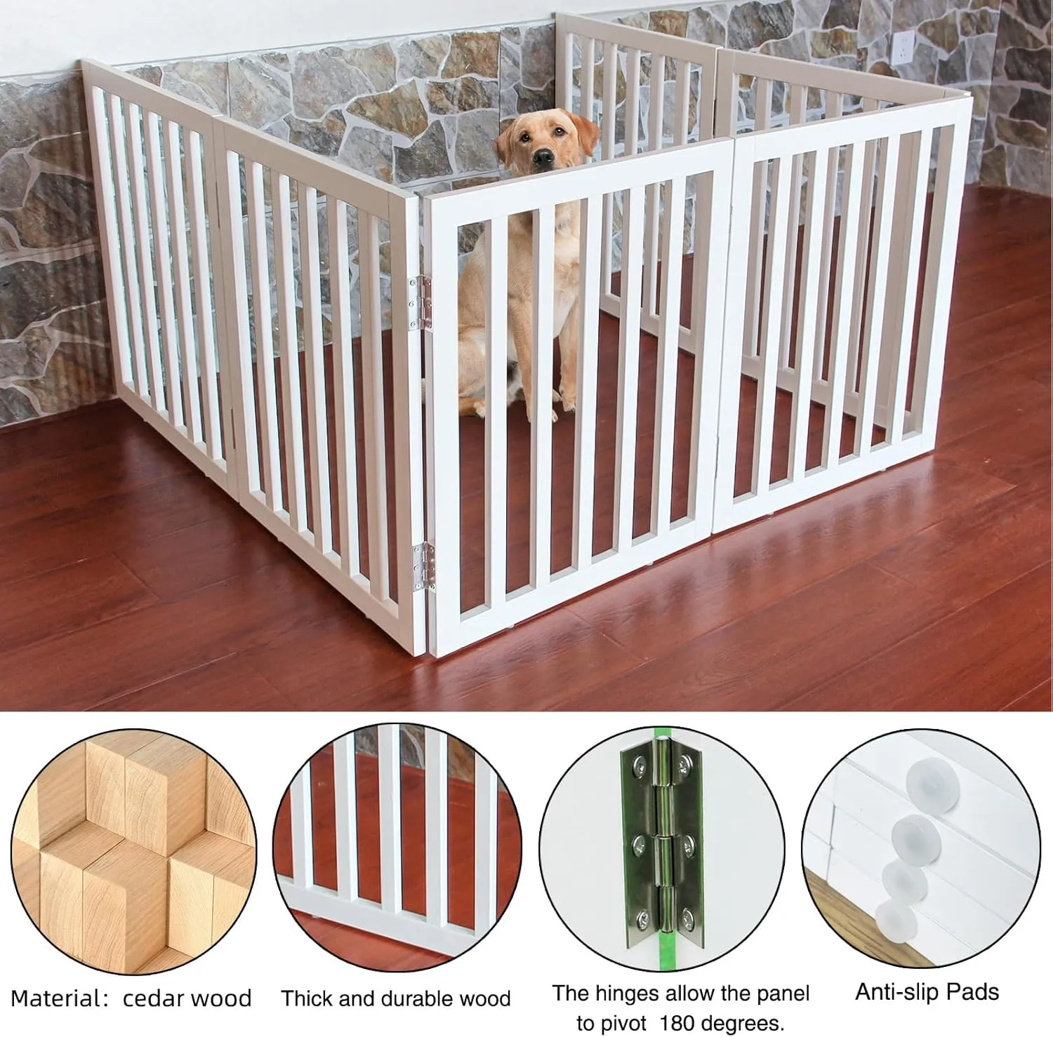 ZJSF Freestanding Indoor Dog Gate for House Foldable Wood White Puppy Gate for Doorways Pet Gate for Stairs Extra Wide Pet Fence 32" Height 6 Panels