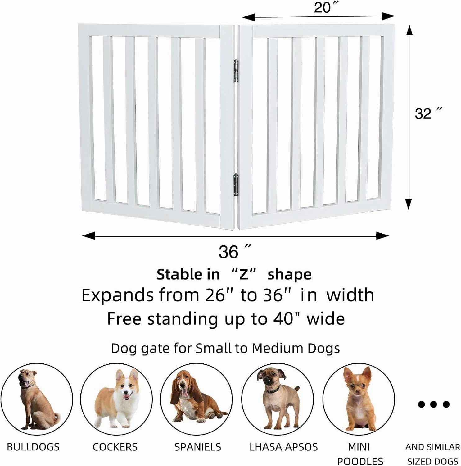 ZJSF Freestanding Indoor Dog Gate for House Foldable Wood White Puppy Gate for Doorways Pet Gate for Stairs Extra Wide Pet Fence 32" Height 2 Panels