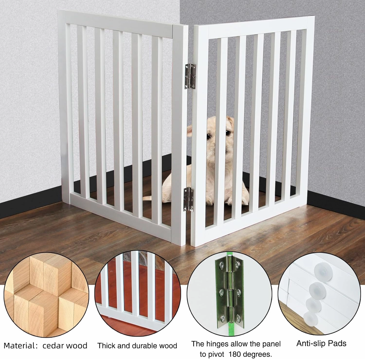 ZJSF Freestanding Indoor Dog Gate for House Foldable Wood White Puppy Gate for Doorways Pet Gate for Stairs Extra Wide Pet Fence 32" Height 2 Panels