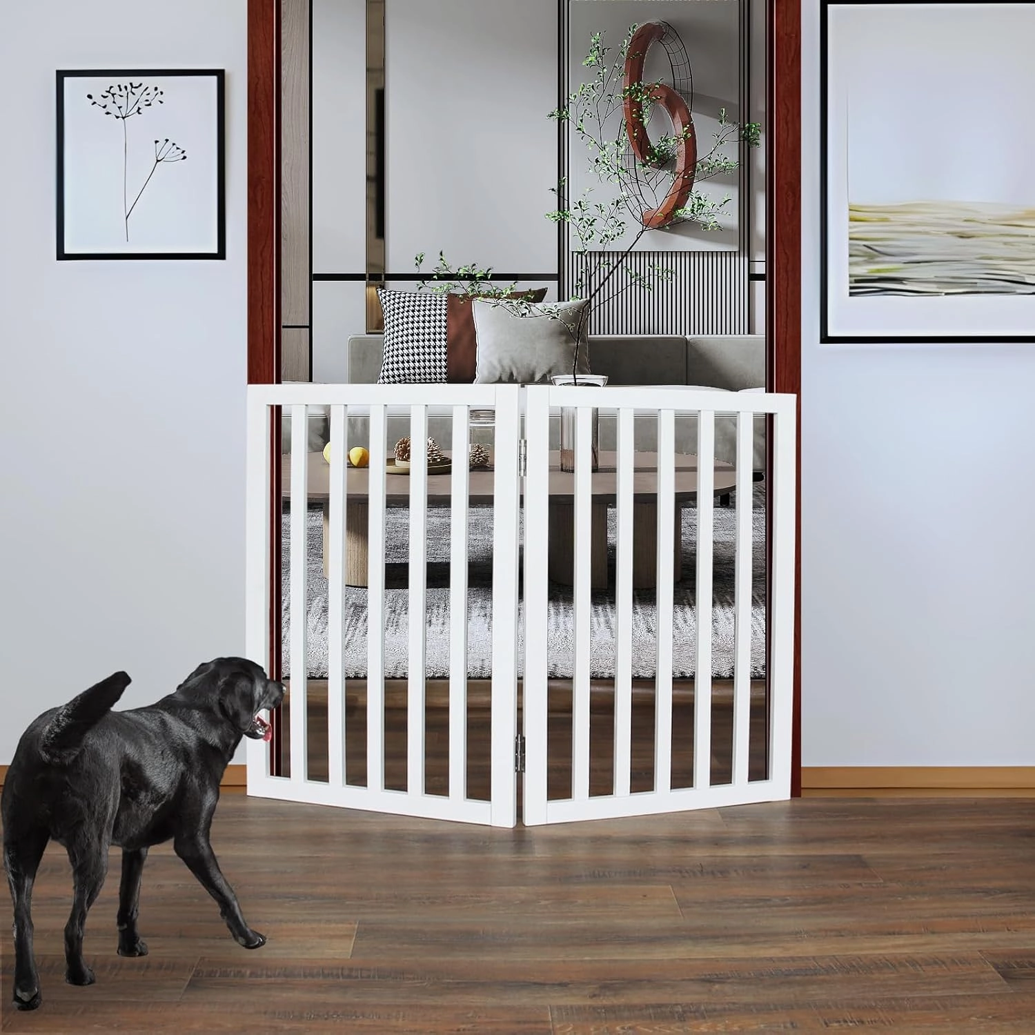 ZJSF Freestanding Indoor Dog Gate for House Foldable Wood White Puppy Gate for Doorways Pet Gate for Stairs Extra Wide Pet Fence 32" Height 2 Panels
