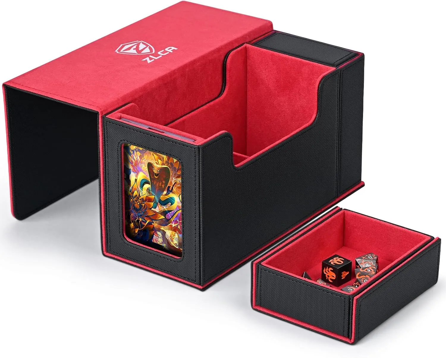 ZLCA Card Deck Box with Display Window,MTG Commander Deck Box Fits 200 Double-Sleeved Cards with Dice Tray & 35pt Magnetic Card Holder-Black&Red