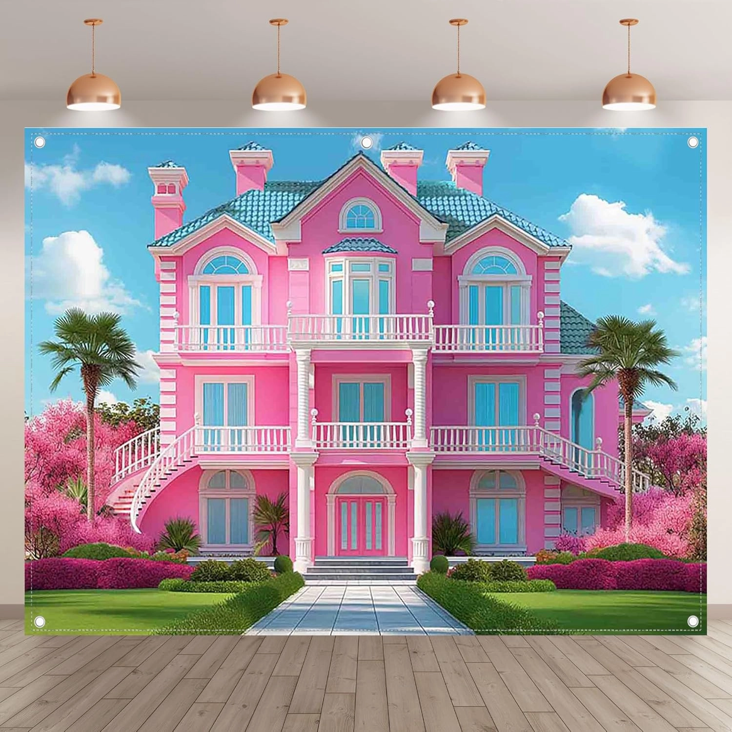 ZTHMOE Fabric 8x6ft Pink House Photography Backdrop Princess Castle Mansion Toy Background Summer Tropical Kids Dream Party Decorations Girl Birthday Photo Booth