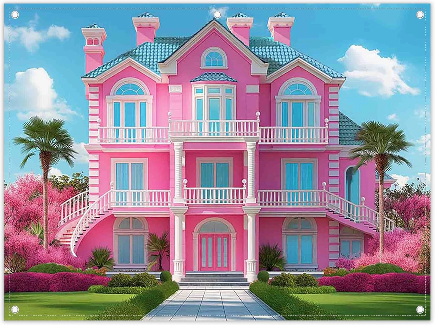 ZTHMOE Fabric 8x6ft Pink House Photography Backdrop Princess Castle Mansion Toy Background Summer Tropical Kids Dream Party Decorations Girl Birthday Photo Booth